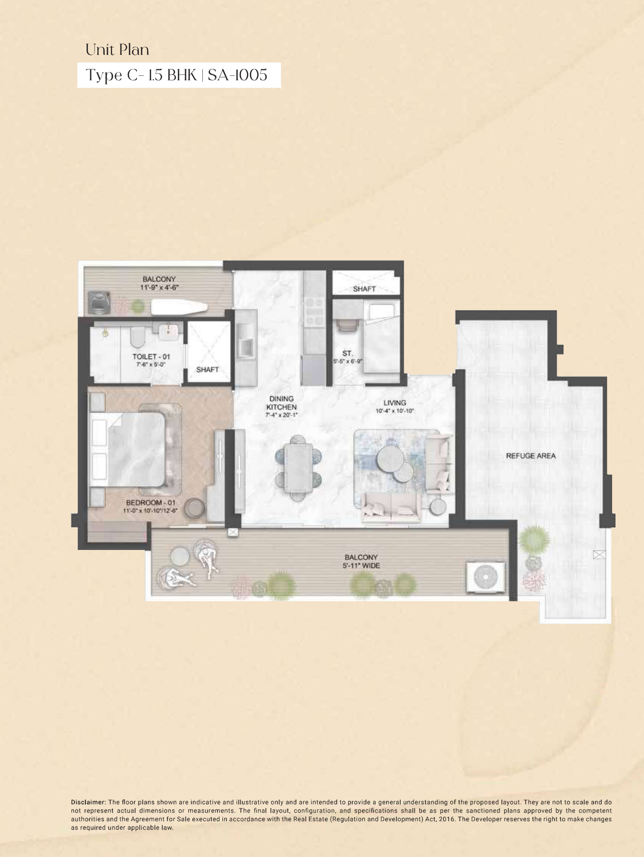 Type B 2.5 BHK 1339 sq.ft floor plan with room dimensions