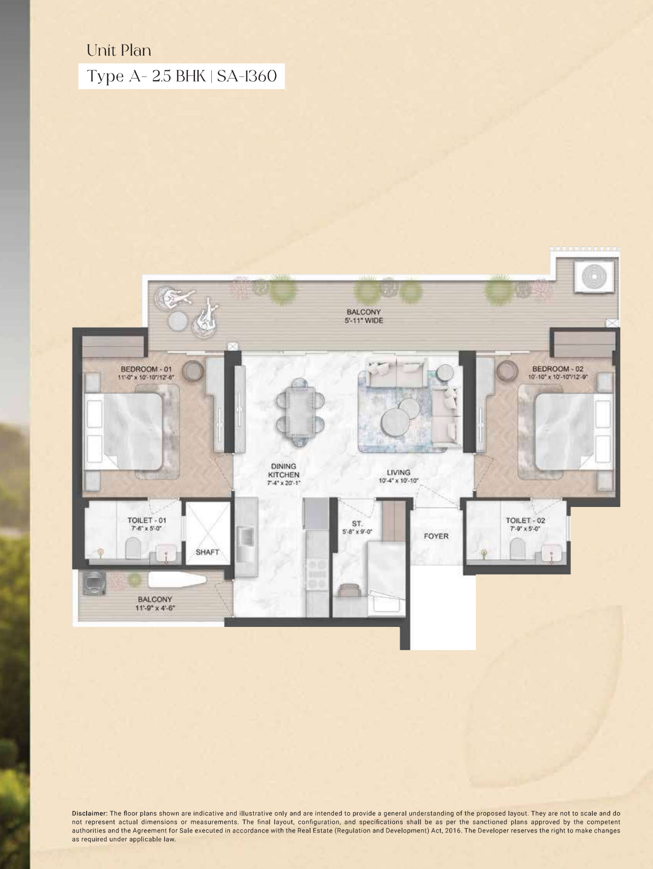 Type A 2.5 BHK 1360 sq.ft floor plan with room dimensions
