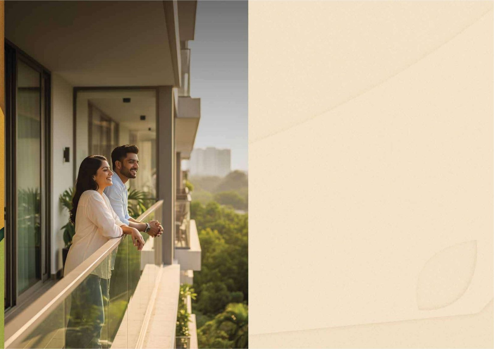 Couple on a Nature's Court apartment balcony overlooking greenery